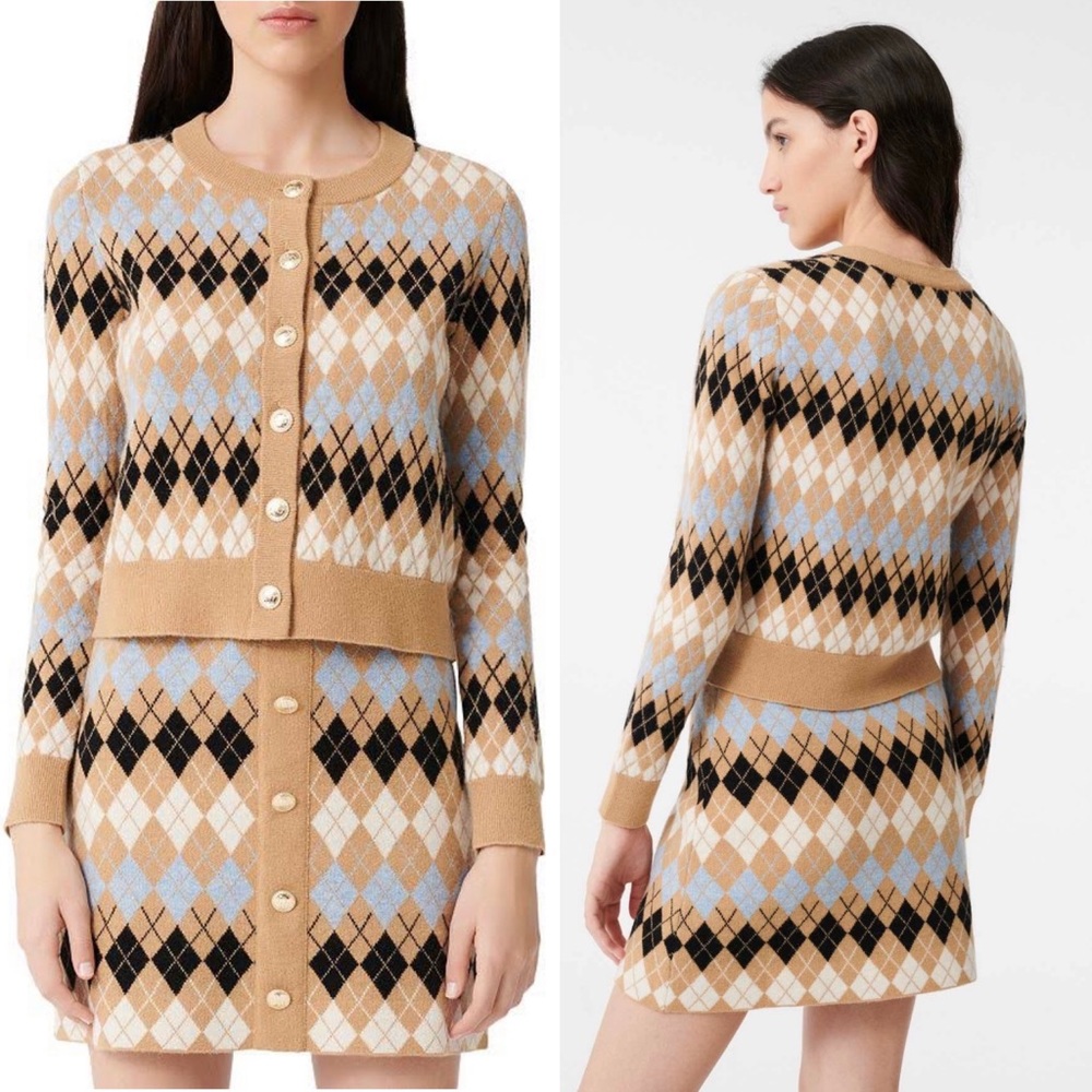 MAJE Camel Mira Argyle Sweater With Gold Buttons Brand Size 1